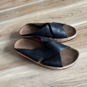 Fitflop Black Leather Sandals with Brown cork sole size 10